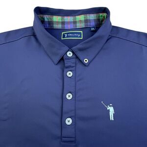 William Murray Golf Polo Shirt Mens L Blue Tartan Trim Collar Wicking Stretch